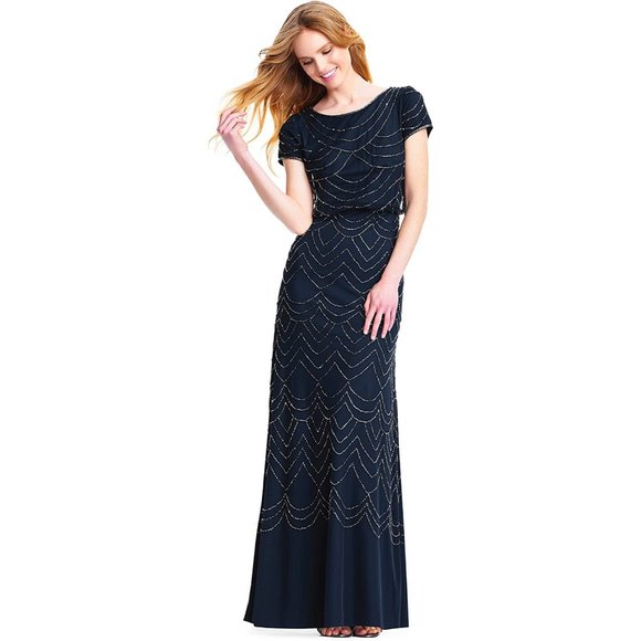 Adrianna Papell Dresses & Skirts - Adrianna Papell Women's Sz. 10 Navy Short Sleeve Blouson Beaded Gown NWD